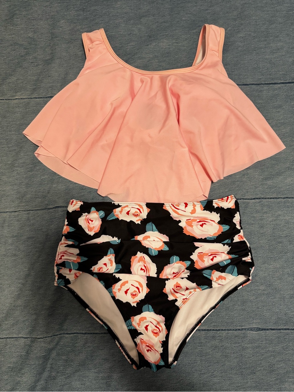 Pink Ruffle Tankini with Floral High-Waist Bottoms